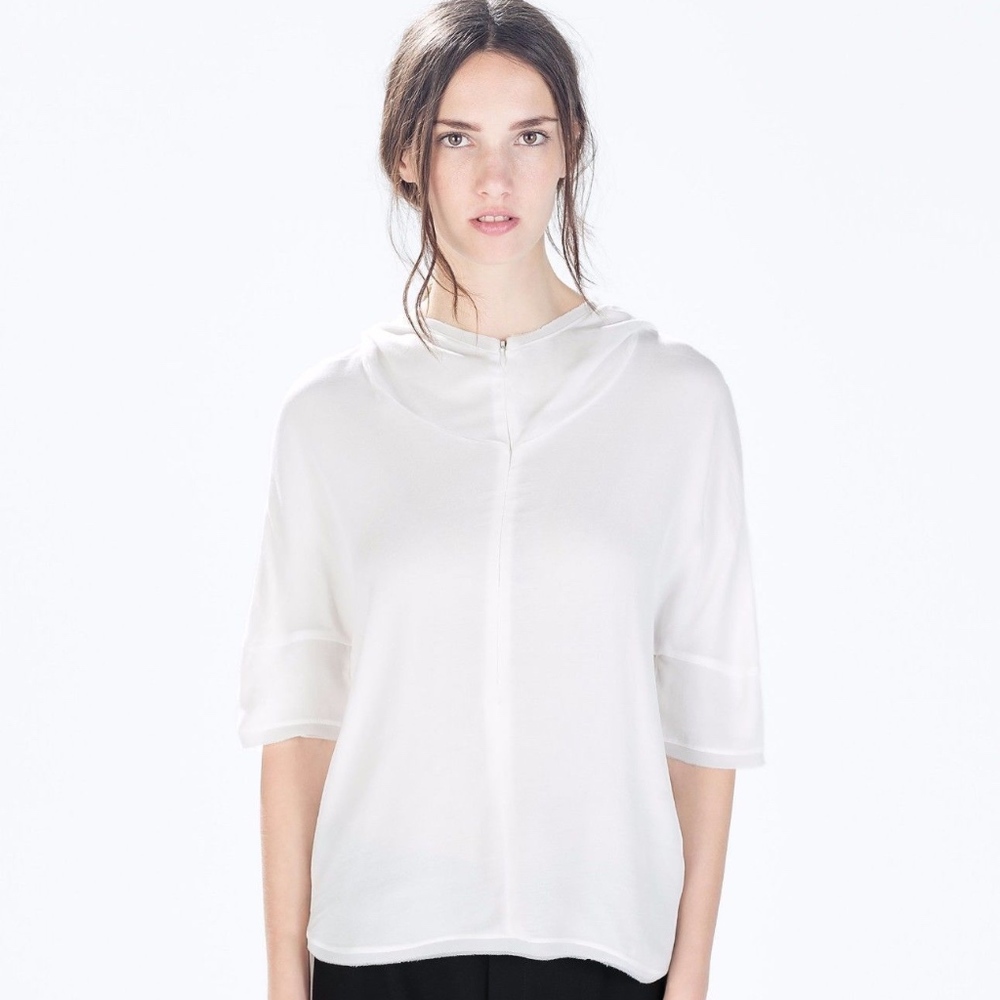 ZARA Silk Satin Effect Zip Front White Hooded Blouse
